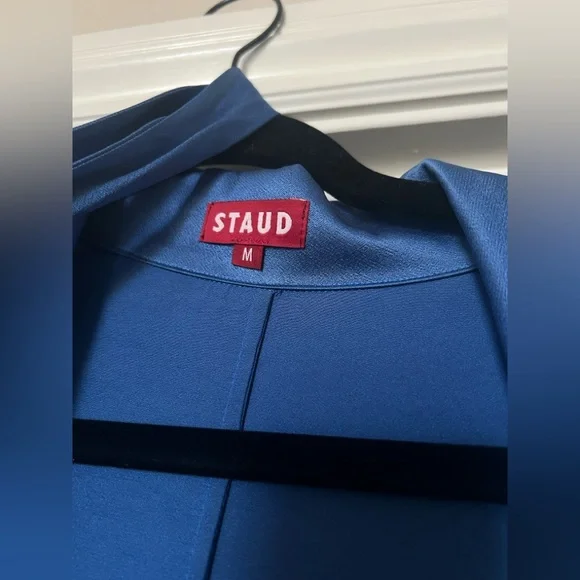 STAUD Royal Blue Satin Dress with Long-Sleeves Bell Sleeves Size M Modest Dress - Picture 9 of 10